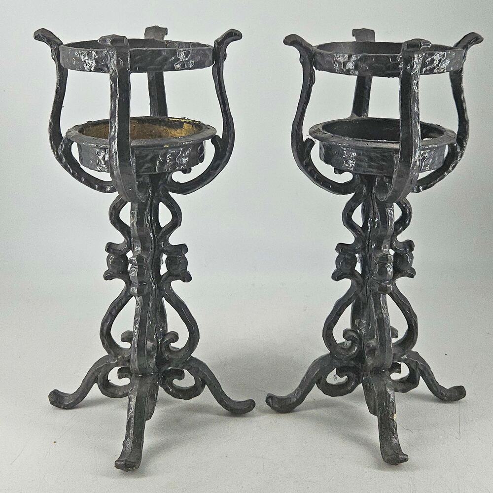 Pair of Vintage Medieval cast iron Gothic Candle Holder Candelabra